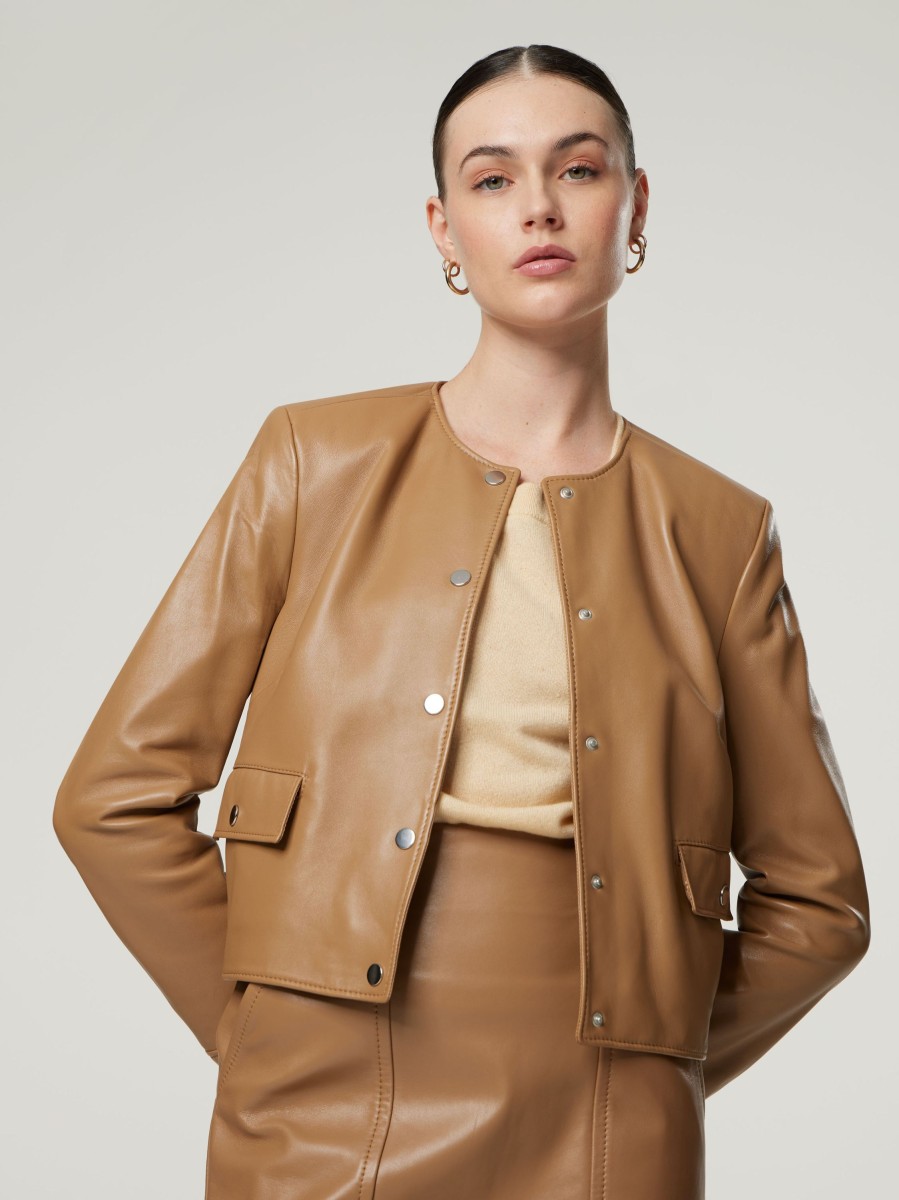 Frauen BOSS Women Jacken | Kurze Lederjacke Samarie Camel