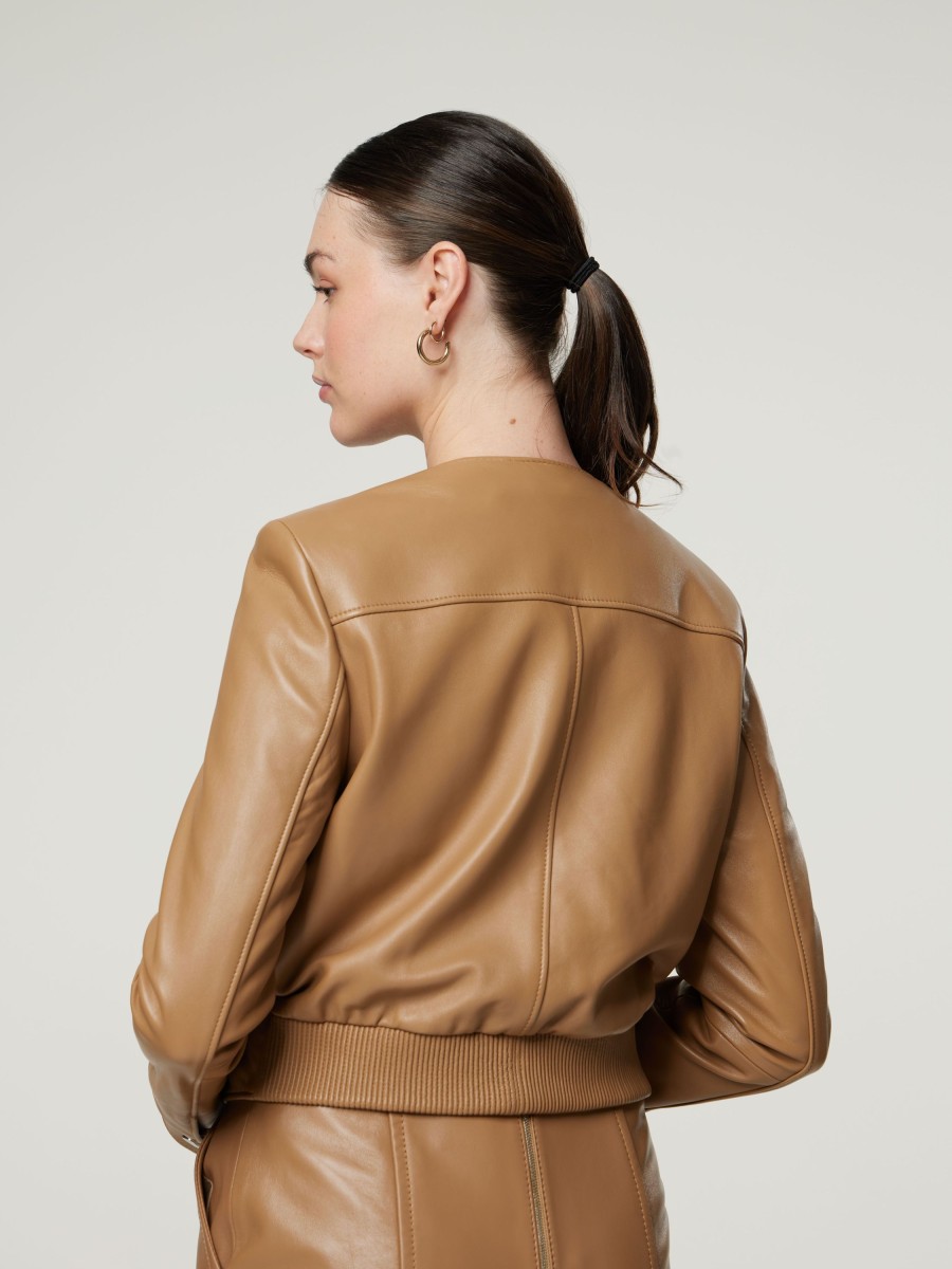 Frauen BOSS Women Jacken | Kurze Lederjacke Samarie Camel