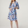 Frauen Paul Kehl Kleider | Blusenkleid Mit Blumenprint Mittelblau