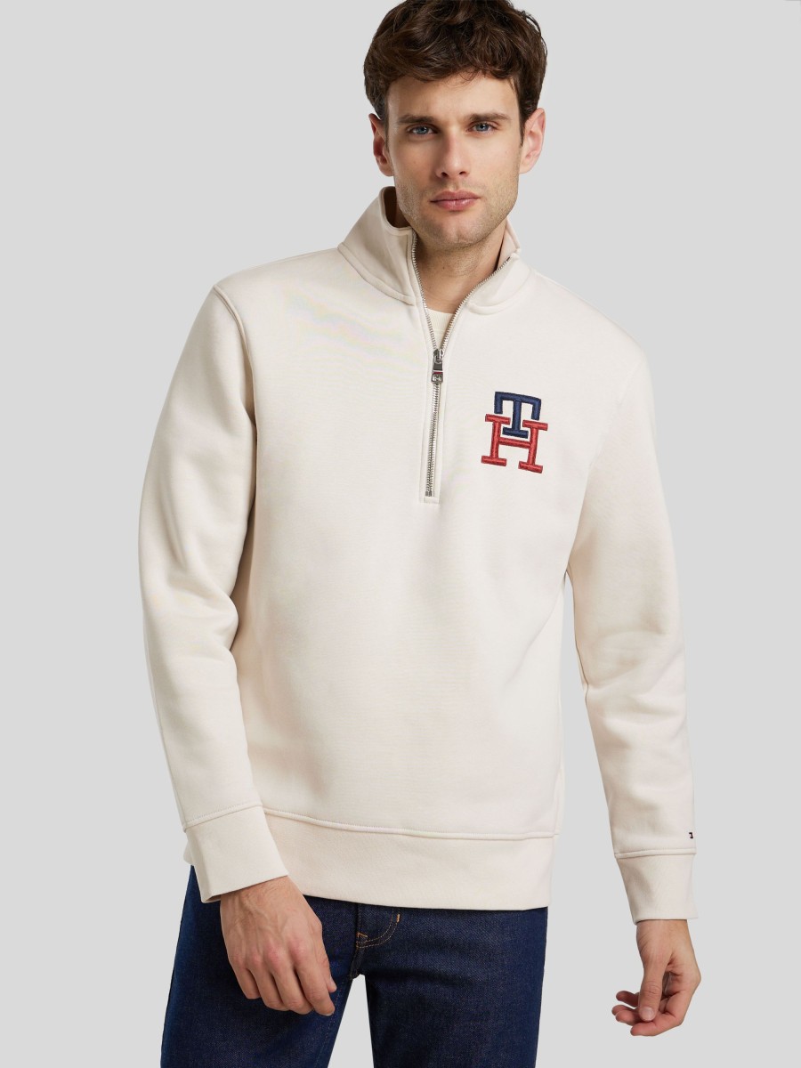 Manner Tommy Hilfiger Hoodies & Sweatshirts | Sweatshirt Mit Troyer-Kragen Ecru