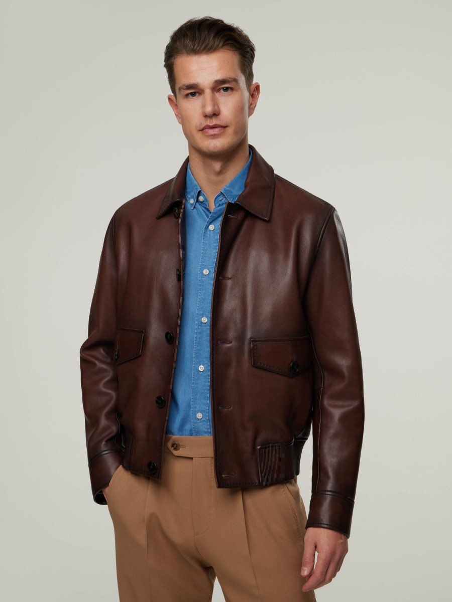 Manner BOSS CAMEL Jacken | Lederjacke L-Maint Braun