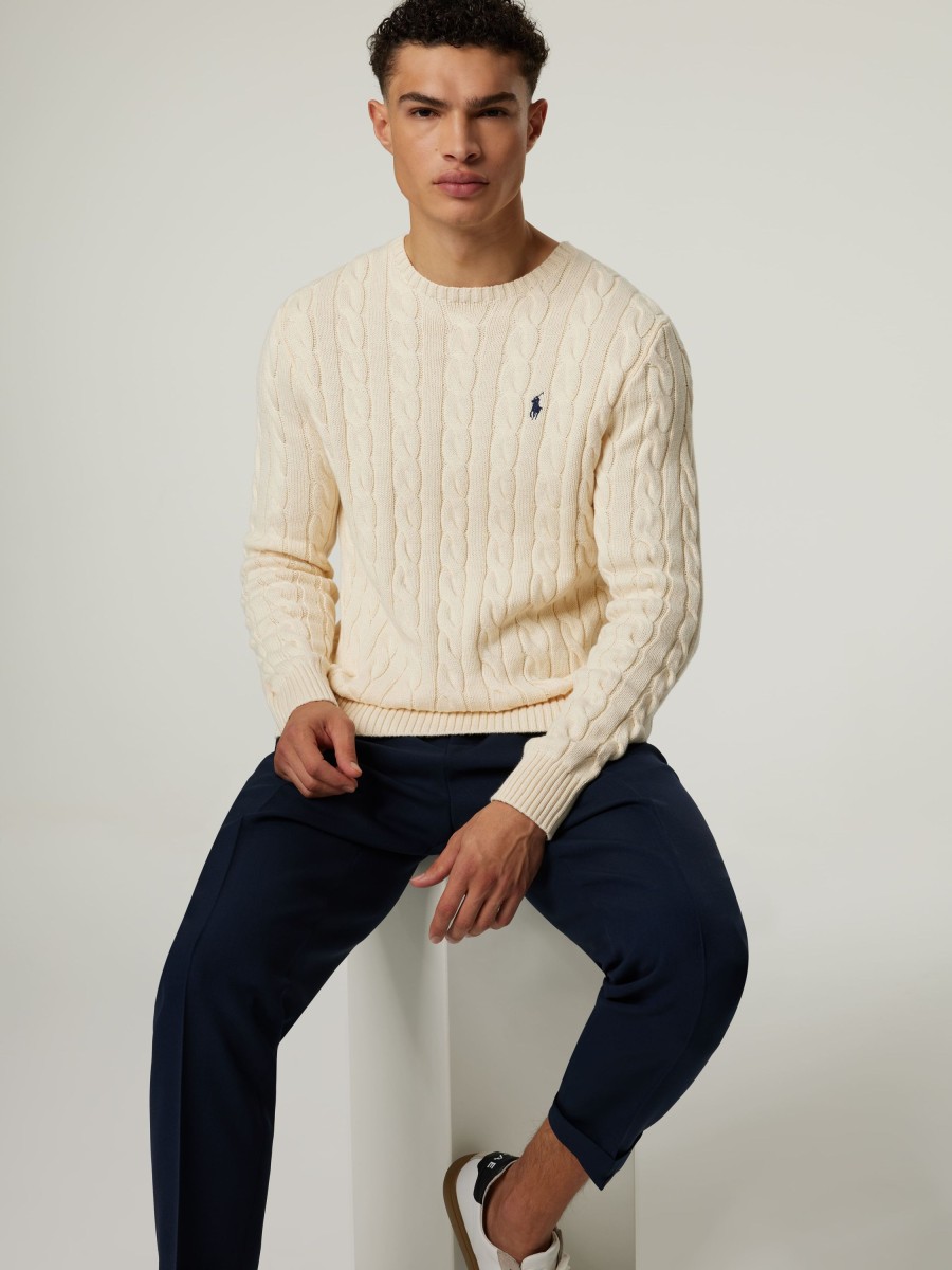 Manner Polo Ralph Lauren Men Pullover & Strickjacken | Pullover Mit Zopfmuster Ecru