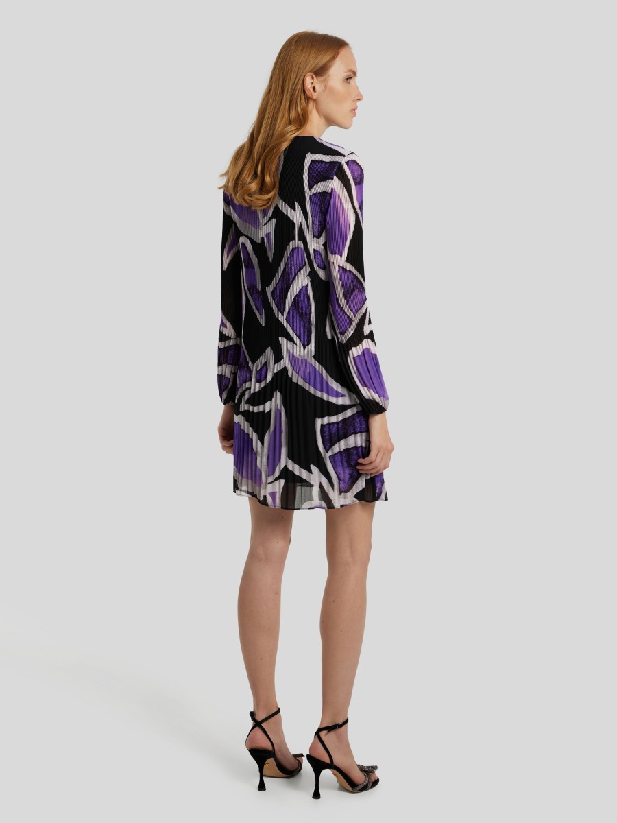 Frauen Comma Kleider | Plisseekleid Mit Print Violett