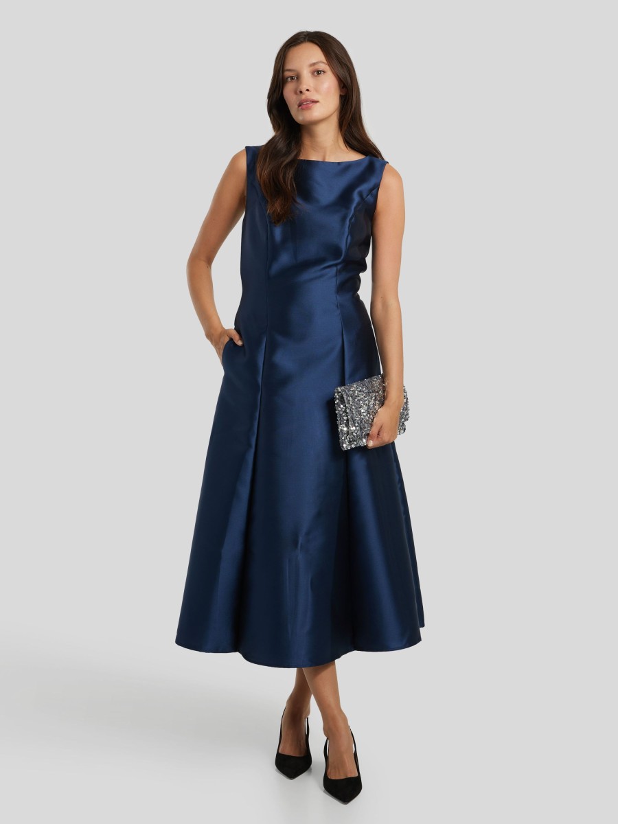 Frauen Swing Kleider | Midikleid Aus Satin Marine