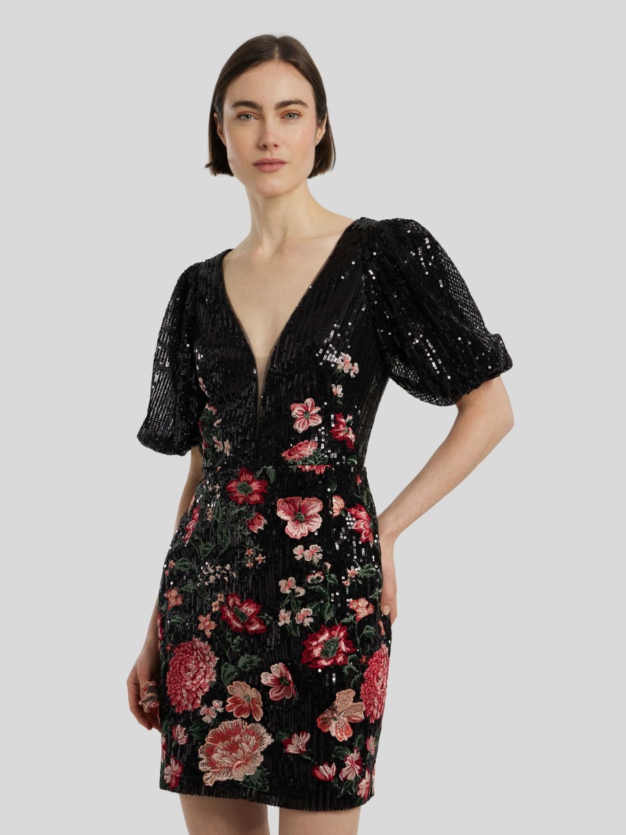 Frauen Marchesa Notte Kleider | Cocktailkleid Mit Blumen Schwarz