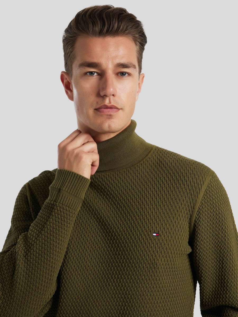 Manner Tommy Hilfiger Pullover & Strickjacken | Rollkragenpullover Im Waffelstrick Grun