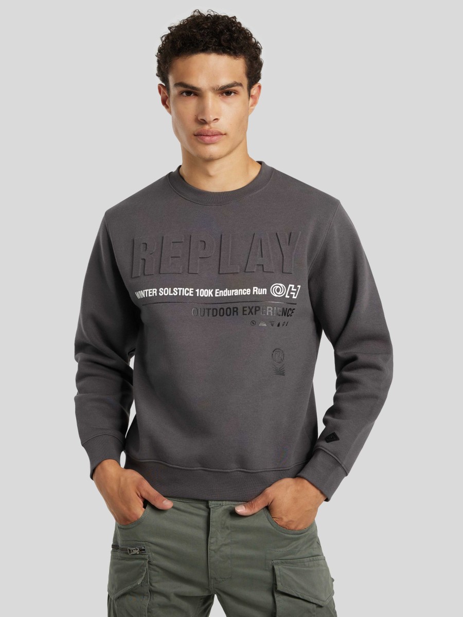 Manner Replay Hoodies & Sweatshirts | Sweatshirt Mit Applikation Anthrazit