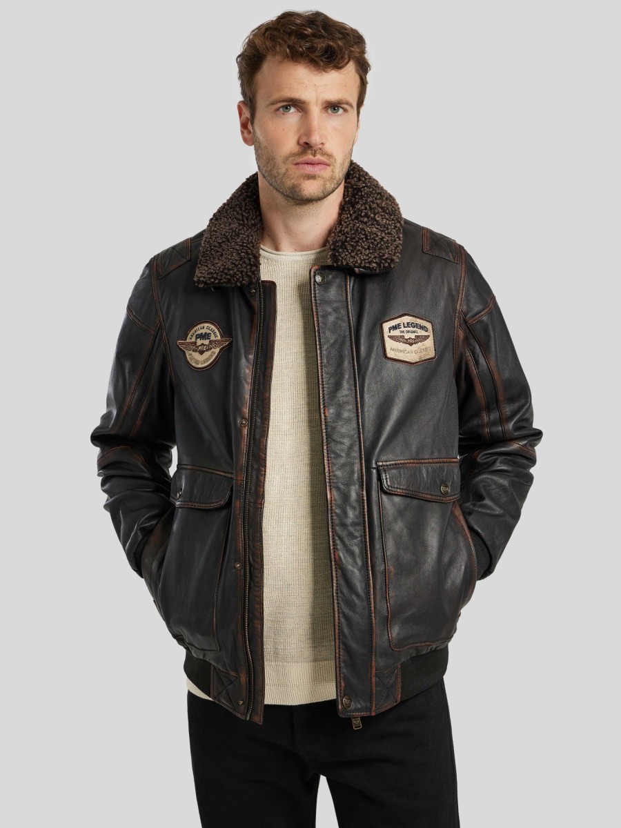 Manner PME Legend Jacken | Lederjacke Mit Fellkragen Braun