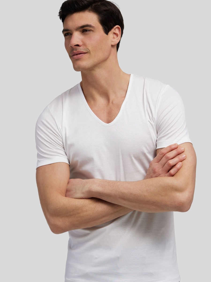 Manner Zimmerli Wasche & Loungewear | T-Shirt Mit V-Ausschnitt Sea Island Weiss