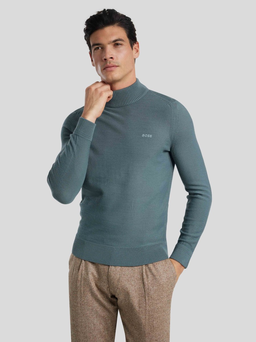 Manner BOSS Casual Pullover & Strickjacken | Pullover Mit Stehkragen Petrol