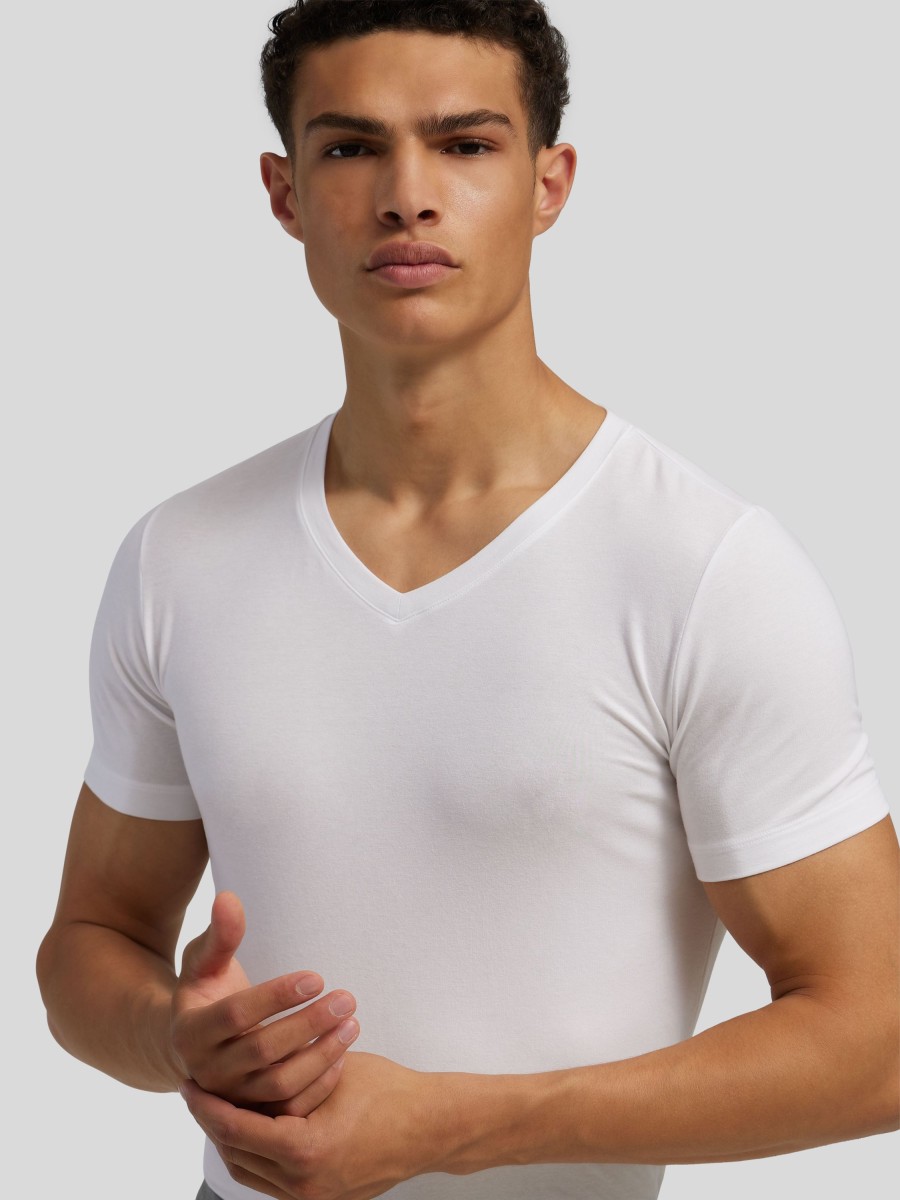 Manner Schiesser Wasche & Loungewear | T-Shirt Long Life Soft Mit V-Neck Weiss